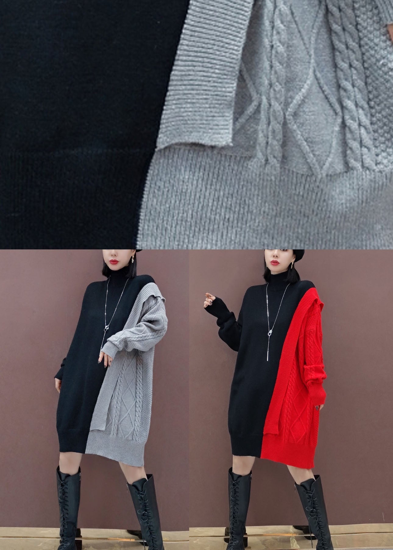 美しい レッド タートルネック パッチワーク ニットワンピース 冬用
