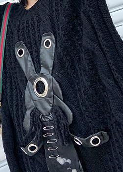 通勤用 ブラック セーターワンピース(ニットワンピ) モーダ風 透かし編み デイリー ロー&ハイ丈デザイン