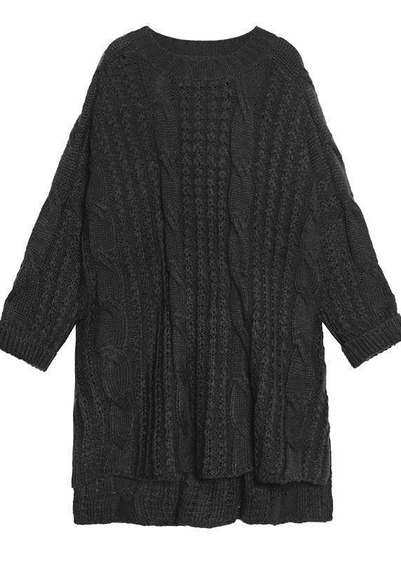 オーバーサイズ グリーン セーターワンピース ストリート系 Oネック 前後差(ロー&ハイ)デザイン アートニットワンピース