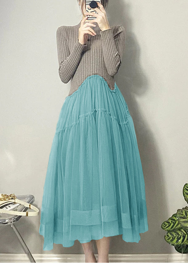 美しい イエロー アシンメトリー チュール パッチワーク ロングワンピース 秋