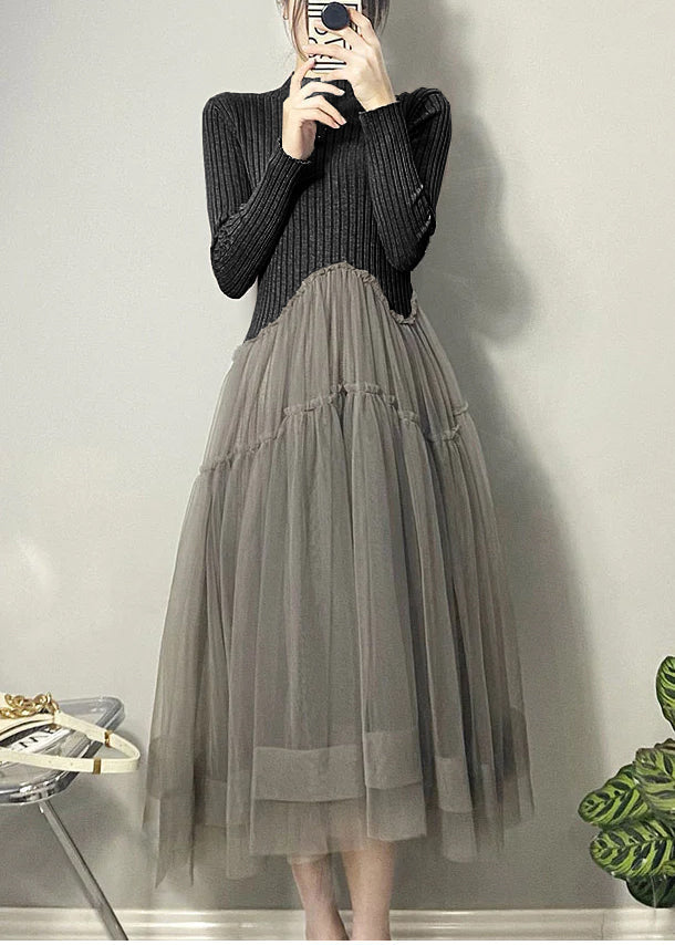 美しい ブラック アシンメトリー チュール パッチワーク ロングワンピース 秋