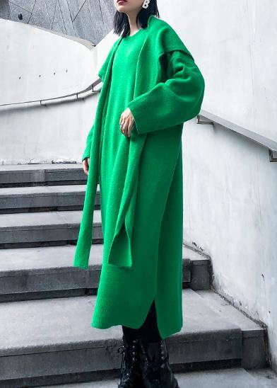 エステティック 2点風 Oネック セーターコーデ メッセージプリント グリーン ヒップスター ニットワンピース