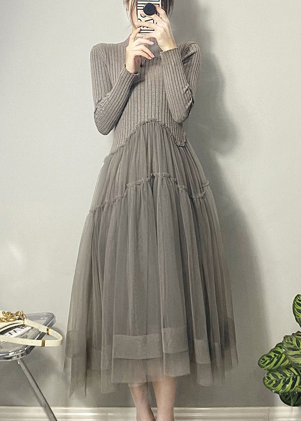 美しい イエロー アシンメトリー チュール パッチワーク ロングワンピース 秋