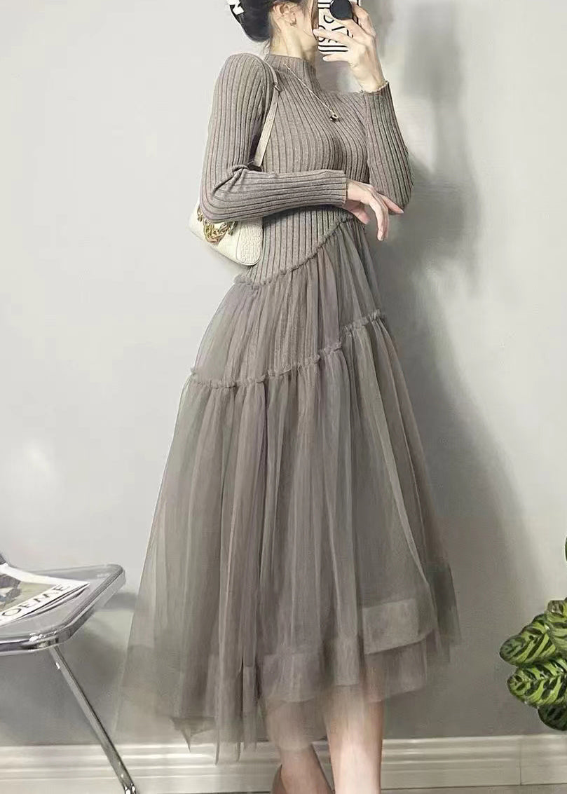 美しい ブラック アシンメトリー チュール パッチワーク ロングワンピース 秋