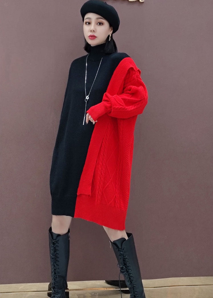 美しい レッド タートルネック パッチワーク ニットワンピース 冬用