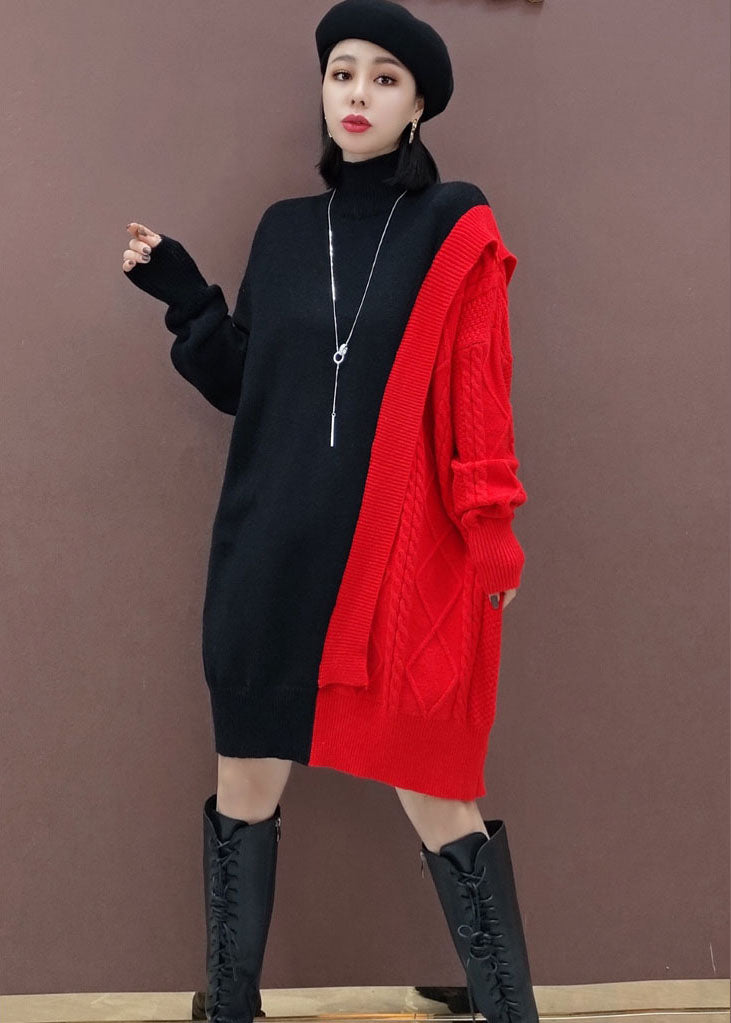 美しい レッド タートルネック パッチワーク ニットワンピース 冬用