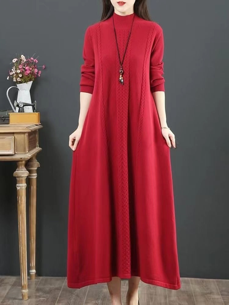 着心地の良い グリーン セーターウェザー風 DIYデザイン Oネック ラフエッジ レディース ニットワンピース