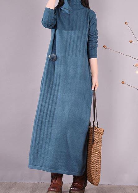 ハンドメイド ブルー ワンピース ハイネック ロング丈 春ワンピース