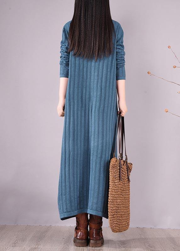 ハンドメイド ブルー ワンピース ハイネック ロング丈 春ワンピース