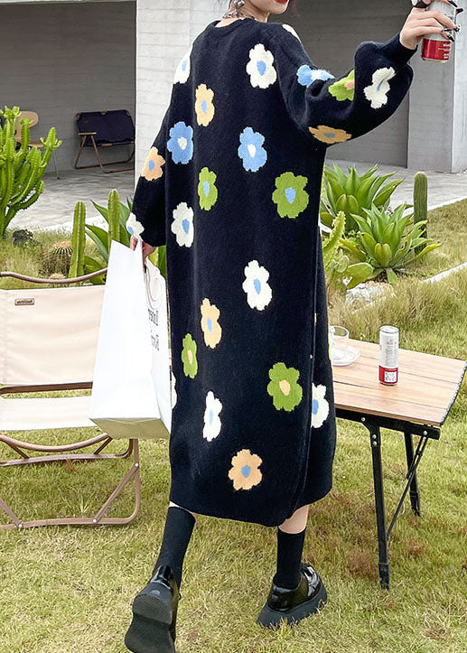 プラスサイズ ナチュラル ブラック 花柄 厚手 ニットワンピース 冬