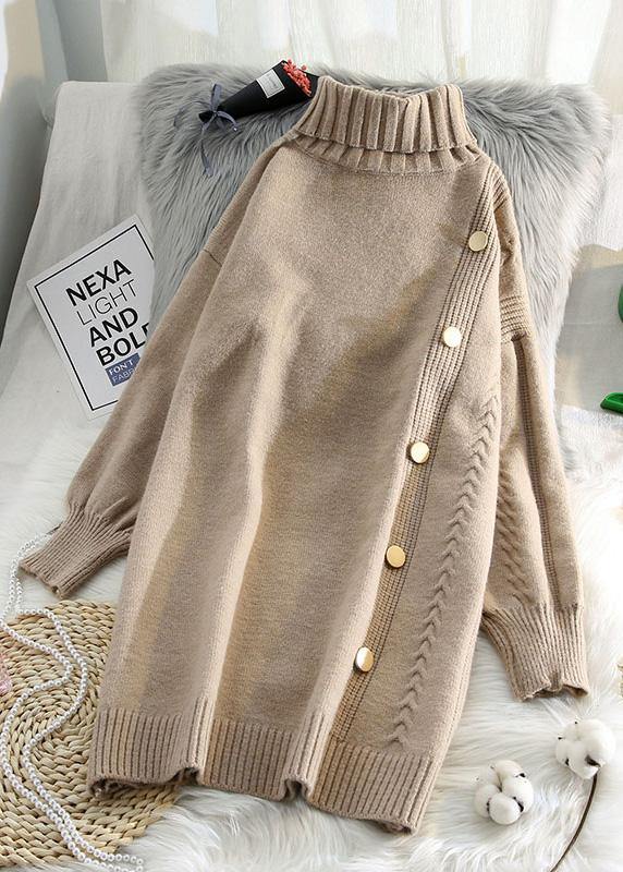 シンプル ベージュ セーターワンピース リメイク風（Refashion） 春用 ラルゴ（ゆったり） ハイネック ニットワンピース