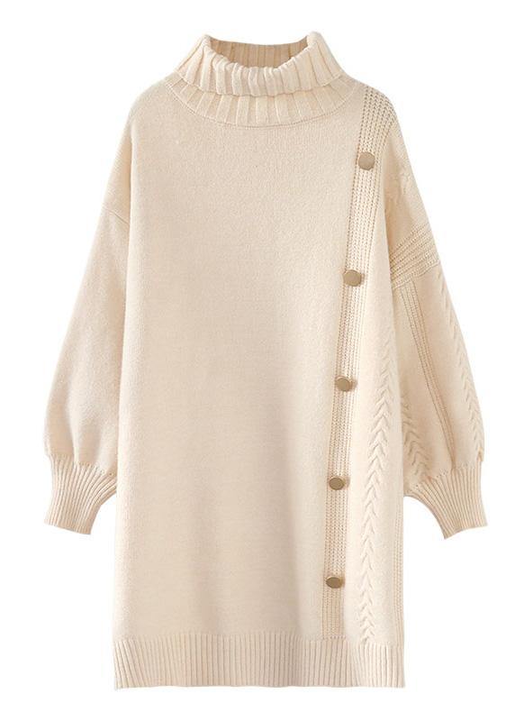 シンプル ベージュ セーターワンピース リメイク風（Refashion） 春用 ラルゴ（ゆったり） ハイネック ニットワンピース