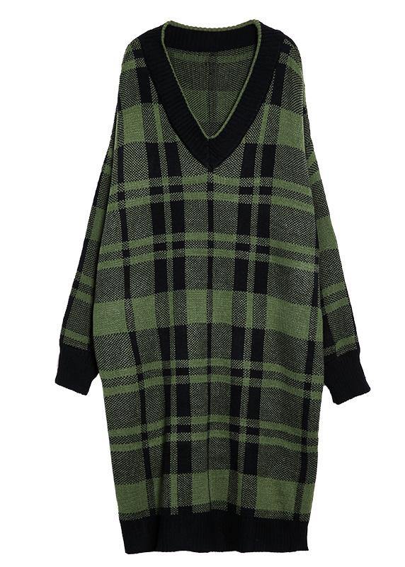 レディース グリーンチェック柄 コットン ロングシャツ（サイドスリット） デイリー Vネック ワンピース